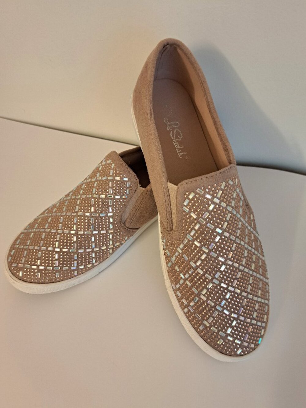 Women's Casual Slip-On Embellished Sneakers in Champagne Tan - Size 8.5